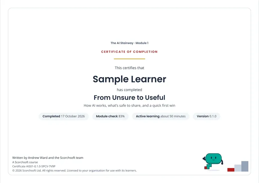 A module certificate for a sample learner, as it appears in a learning platform.