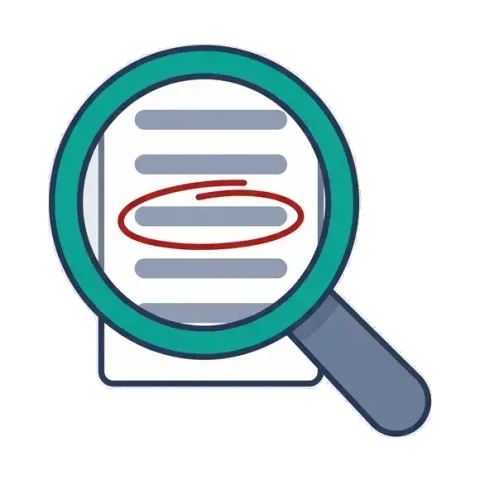 A teal magnifying glass over a document with one line ringed in red: judging an AI answer.