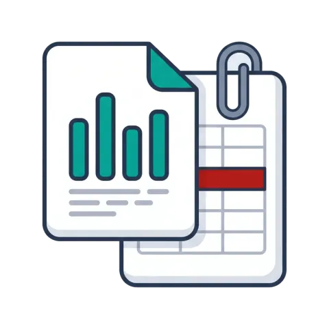 A finished report with a teal chart, clipped to a spreadsheet with one red row.
