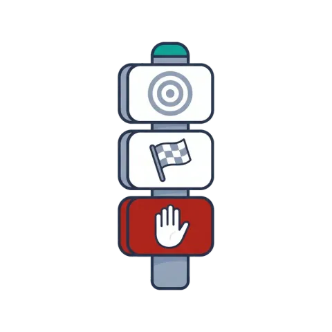 Three stacked tiles: a target, a finish flag and a red stop hand: goal, done and stop.