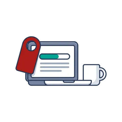 A laptop with a task running on a teal progress bar, a red tag and a mug of tea.
