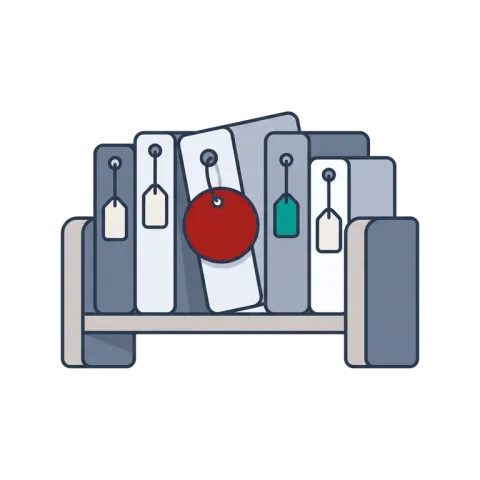 A shelf of labelled skill folders, one tagged in red: a team library of reusable skills.