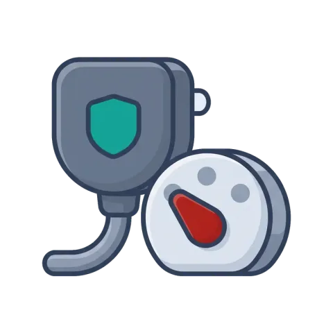 A connector plug with a teal shield beside a dial turned to red: connections with controls you choose.
