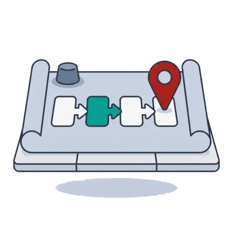 A plan on a table showing a workflow of boxes, one teal, with a red pin at the end.