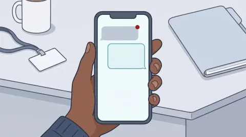 A hand holding a phone over a desk. On the screen, a new message marked with a red dot, and a reply drafted below it.