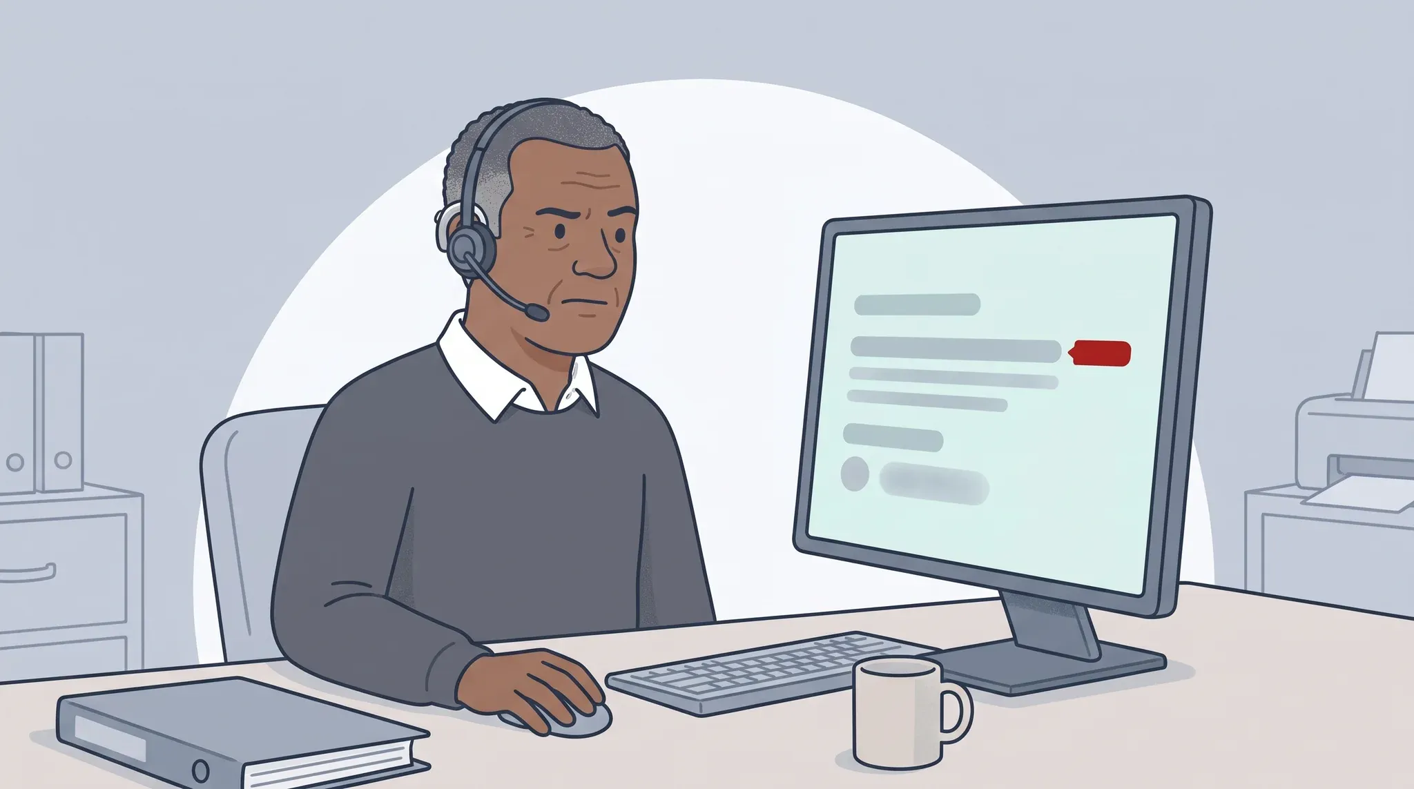 Darren at his desk with a headset on, frowning at an AI summary on his monitor. One line of the summary has a red tag for the source it cites.